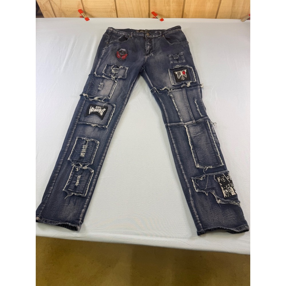 Rebel Vengeance Mens 34 Distressed Patchwork Slim Jeans Dark Wash Skull Skeleton